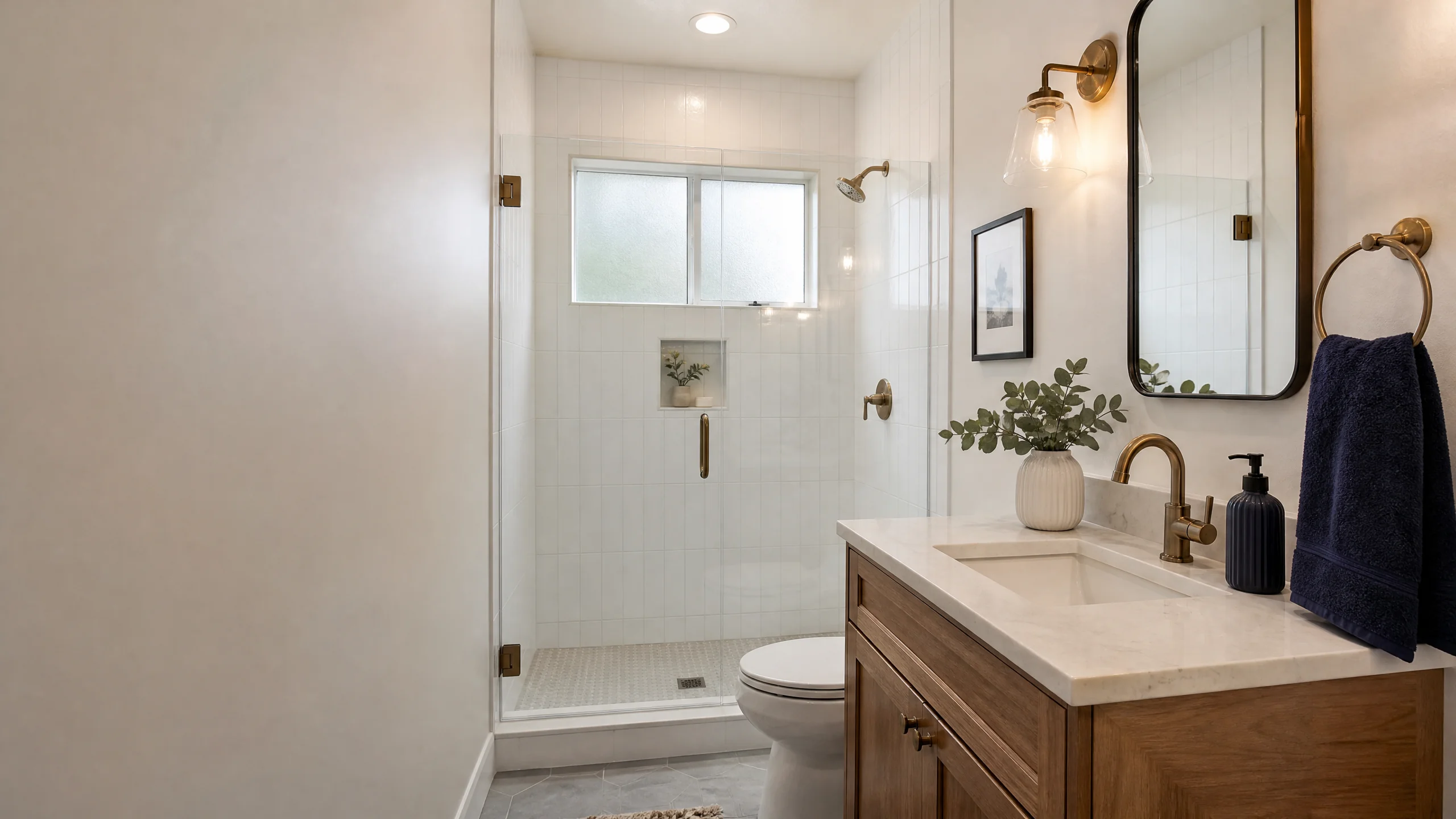 Bathroom remodeling idea for a mid-century Kearns home with a new vanity, tiled shower and bright lighting