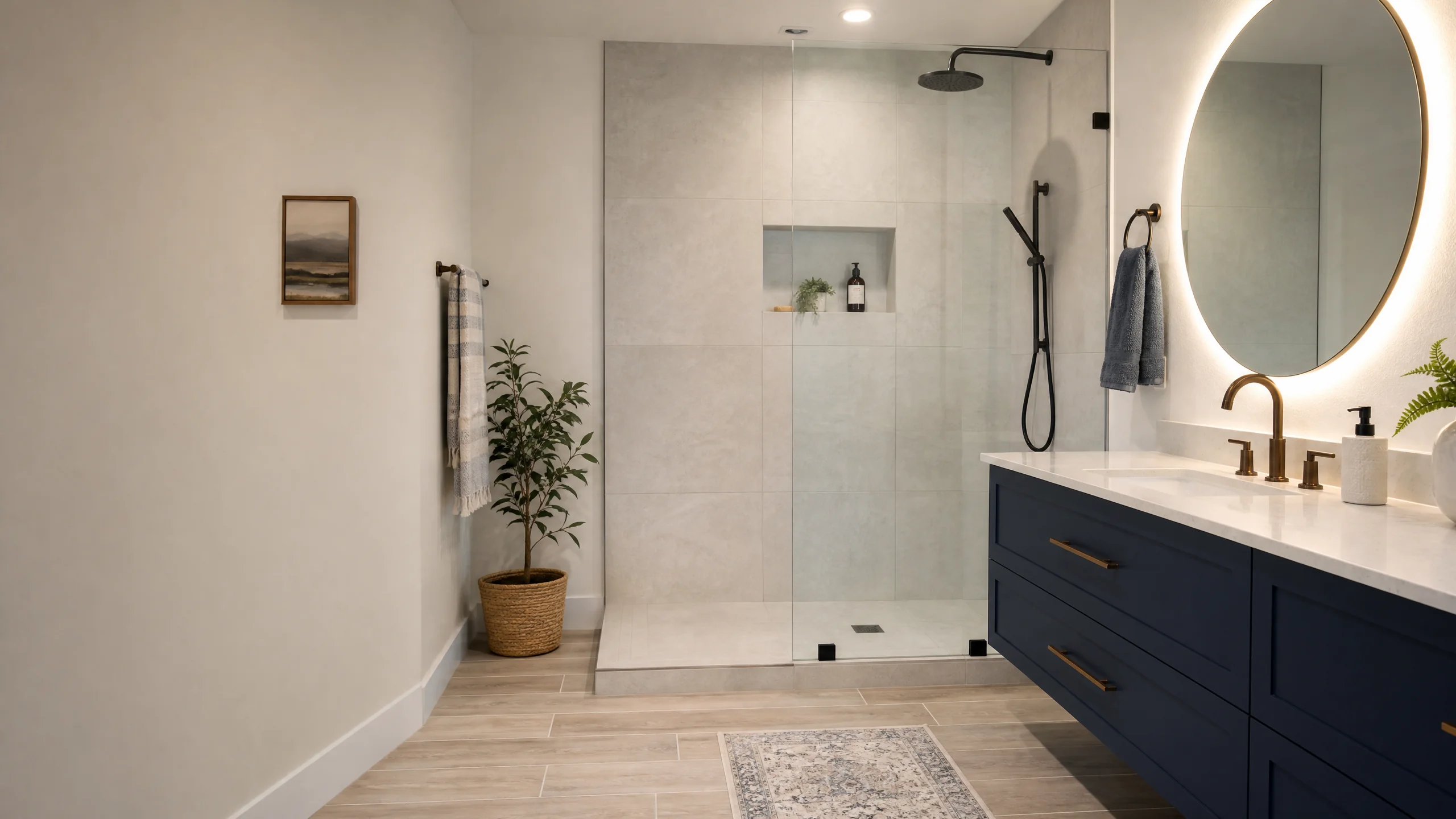 Bathroom remodeling idea for a Taylorsville rambler: walk-in tile shower with glass panel and a floating navy vanity