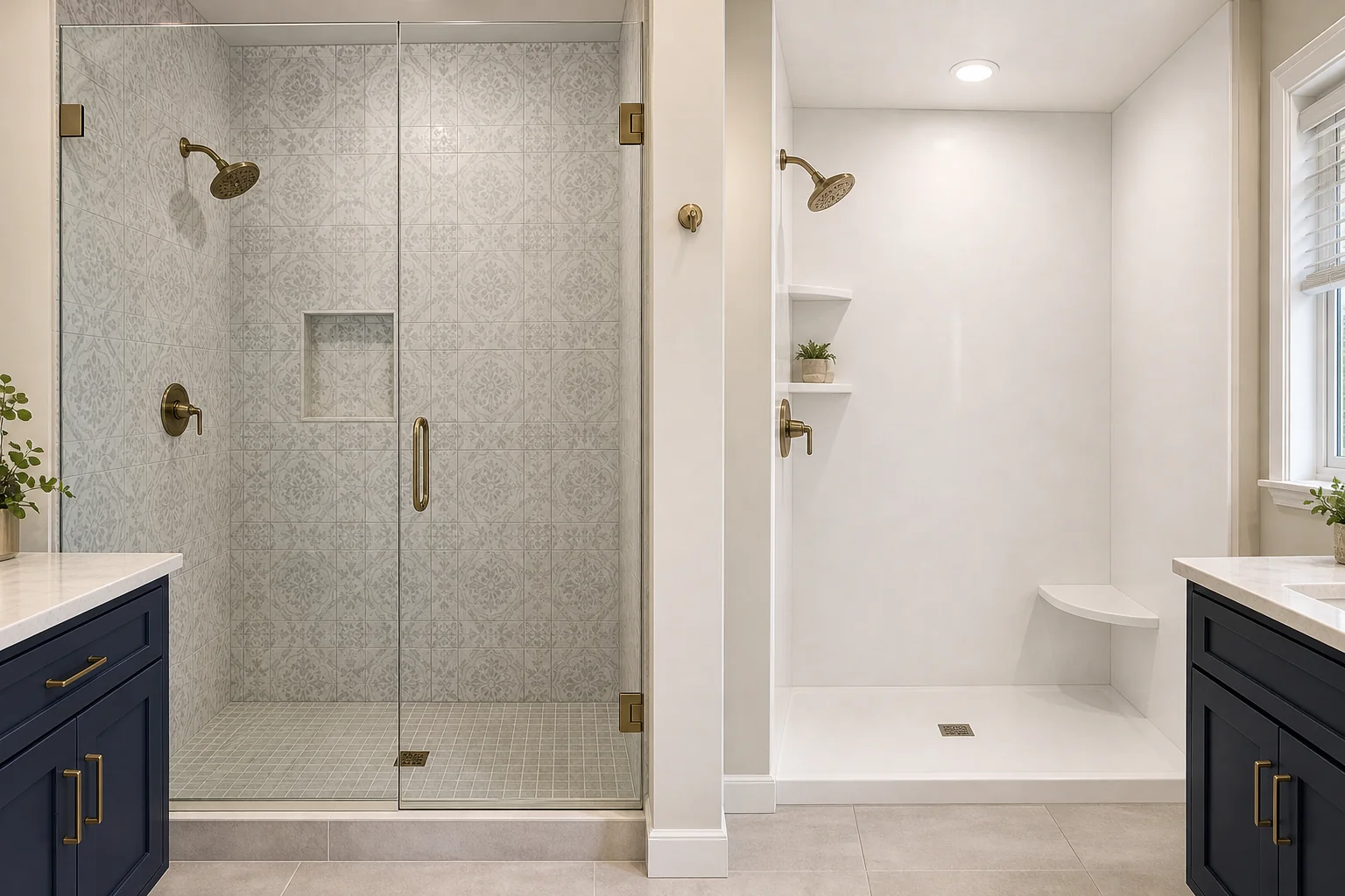 Shower remodeling options for Taylorsville homes: a tiled shower wall beside a solid-surface shower surround
