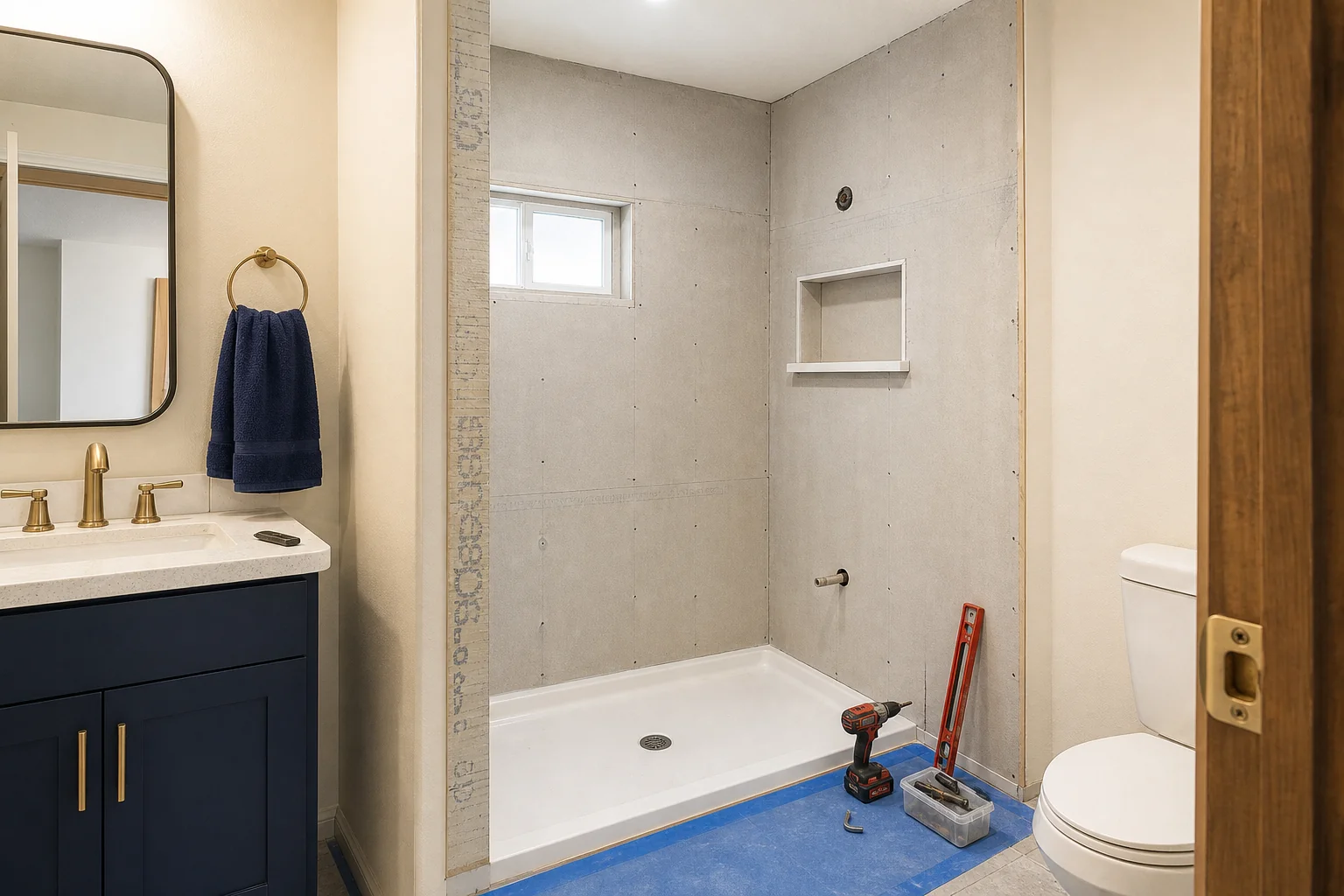 Steps of a tub-to-shower conversion shown in a Taylorsville-style bathroom, with the tub removed and a new shower base set